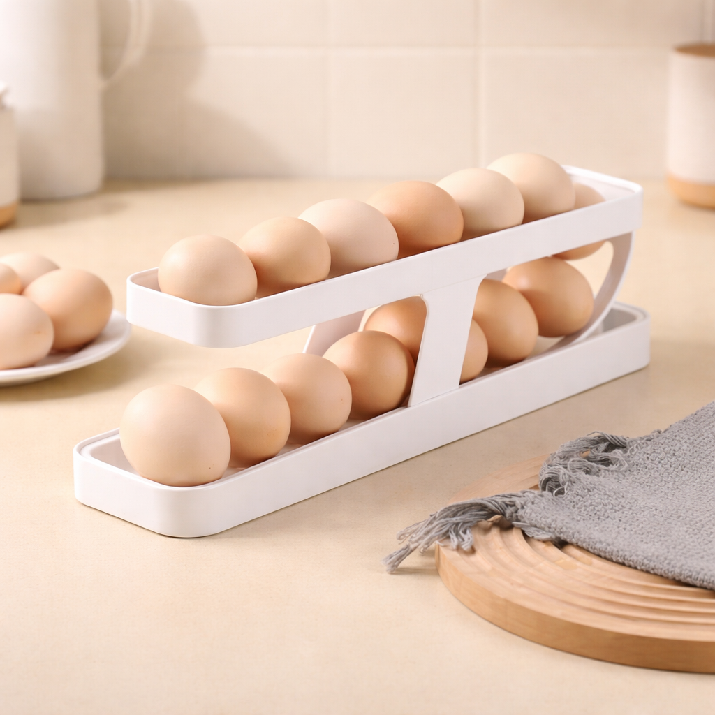 Smart Double‑Layer Egg Storage Rack – Automatic Rolling Dispenser