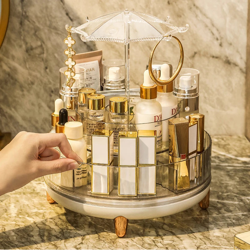 Umbrella Makeup Organizer – 360° Rotating Transparent Cosmetic Storage Box