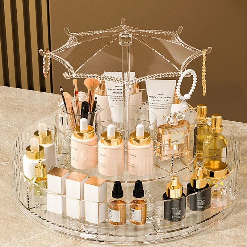 Umbrella Makeup Organizer – 360° Rotating Transparent Cosmetic Storage Box