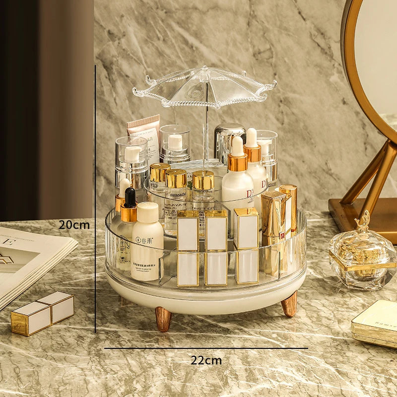 Umbrella Makeup Organizer – 360° Rotating Transparent Cosmetic Storage Box