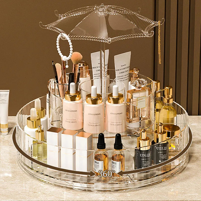 Umbrella Makeup Organizer – 360° Rotating Transparent Cosmetic Storage Box