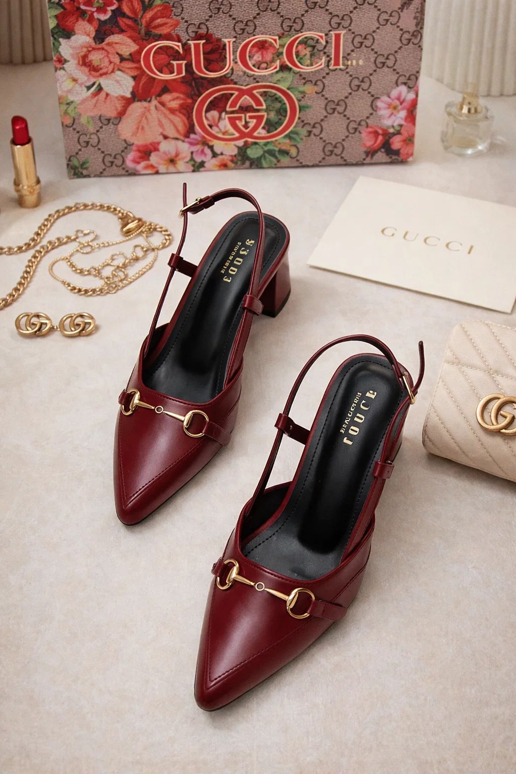 Gucci‑Inspired Burgundy Slingback Heels