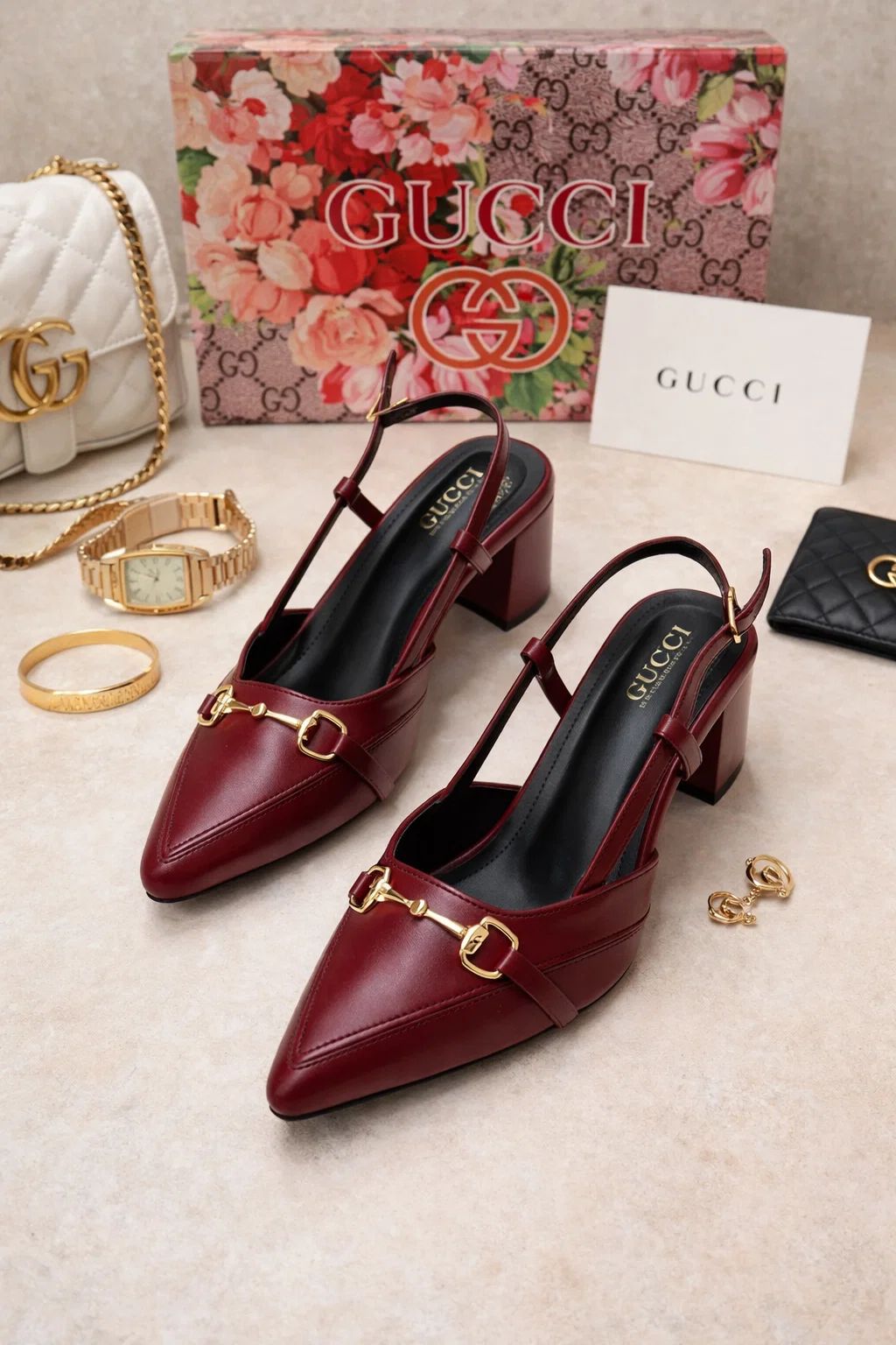 Gucci‑Inspired Burgundy Slingback Heels
