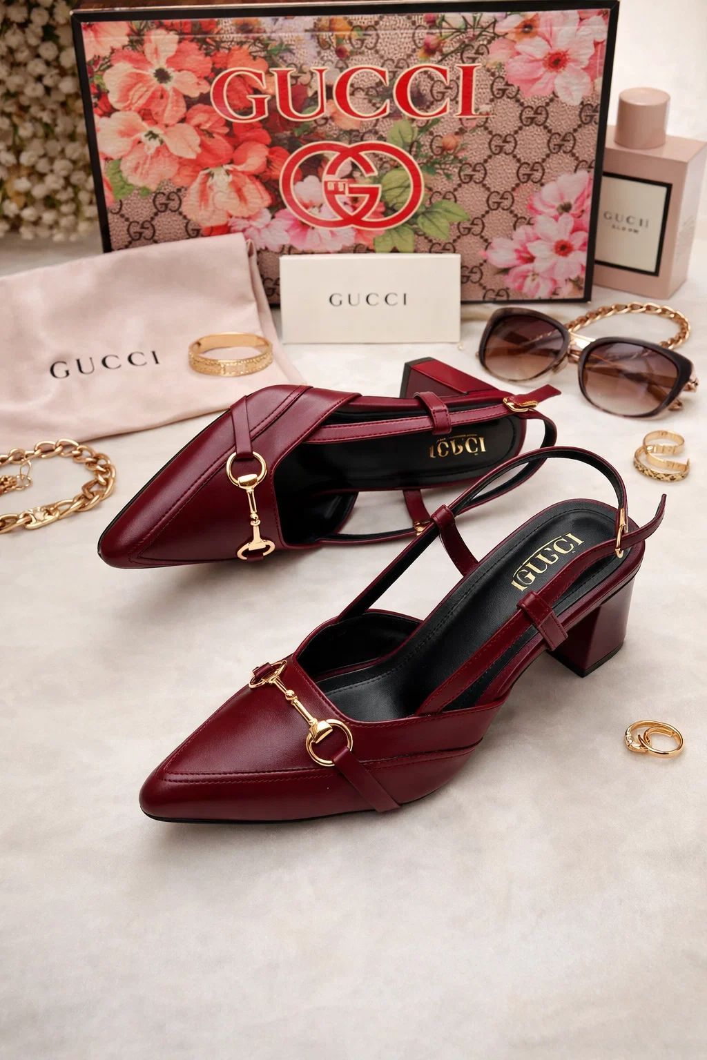 Gucci‑Inspired Burgundy Slingback Heels