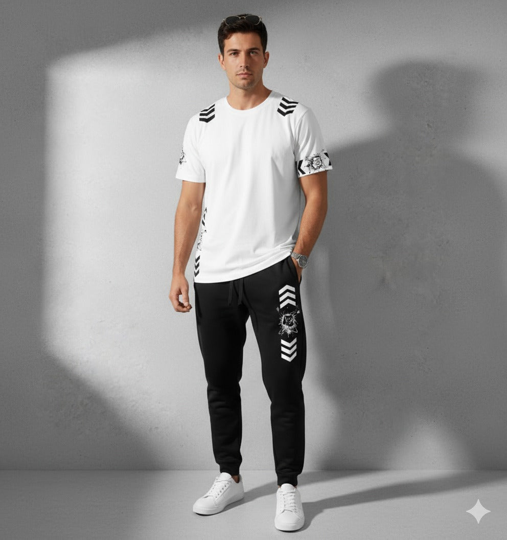 Men’s Co‑ord Set – White T‑Shirt & Black Joggers (Lion Graphic Design)