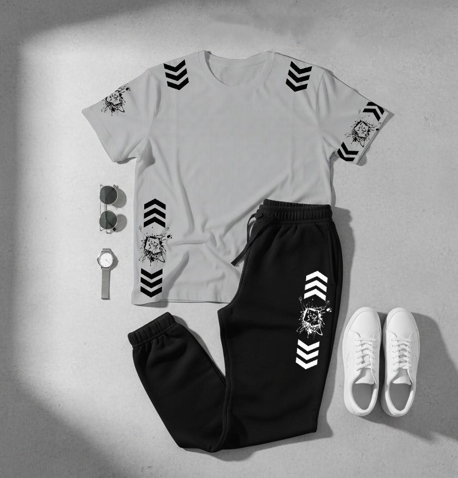 Men’s Co‑ord Set – White T‑Shirt & Black Joggers (Lion Graphic Design)